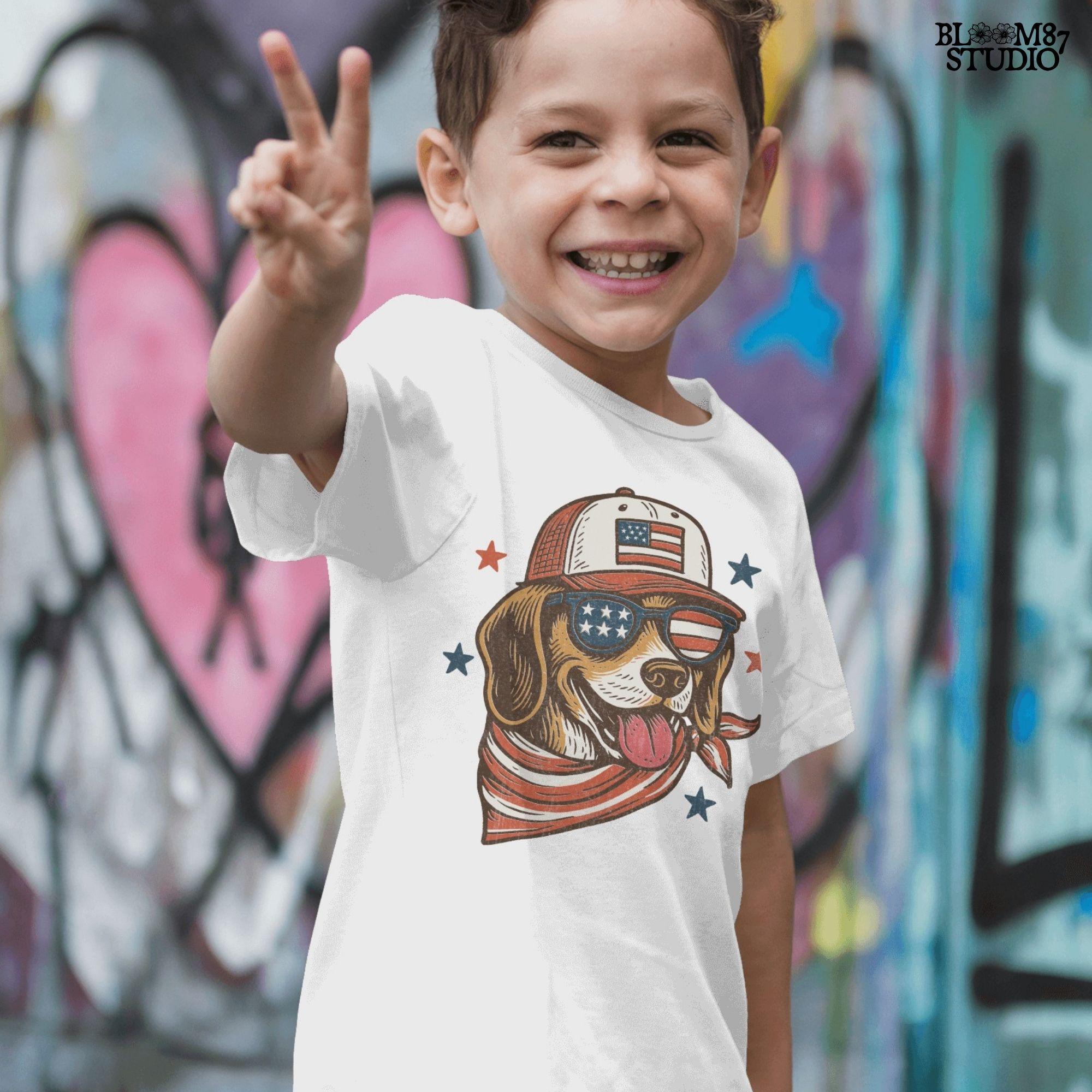 Beagle-style dog wearing American flag hat, sunglasses, and bandana – patriotic PNG for 4th of July shirts and dog-lover sublimation crafts.