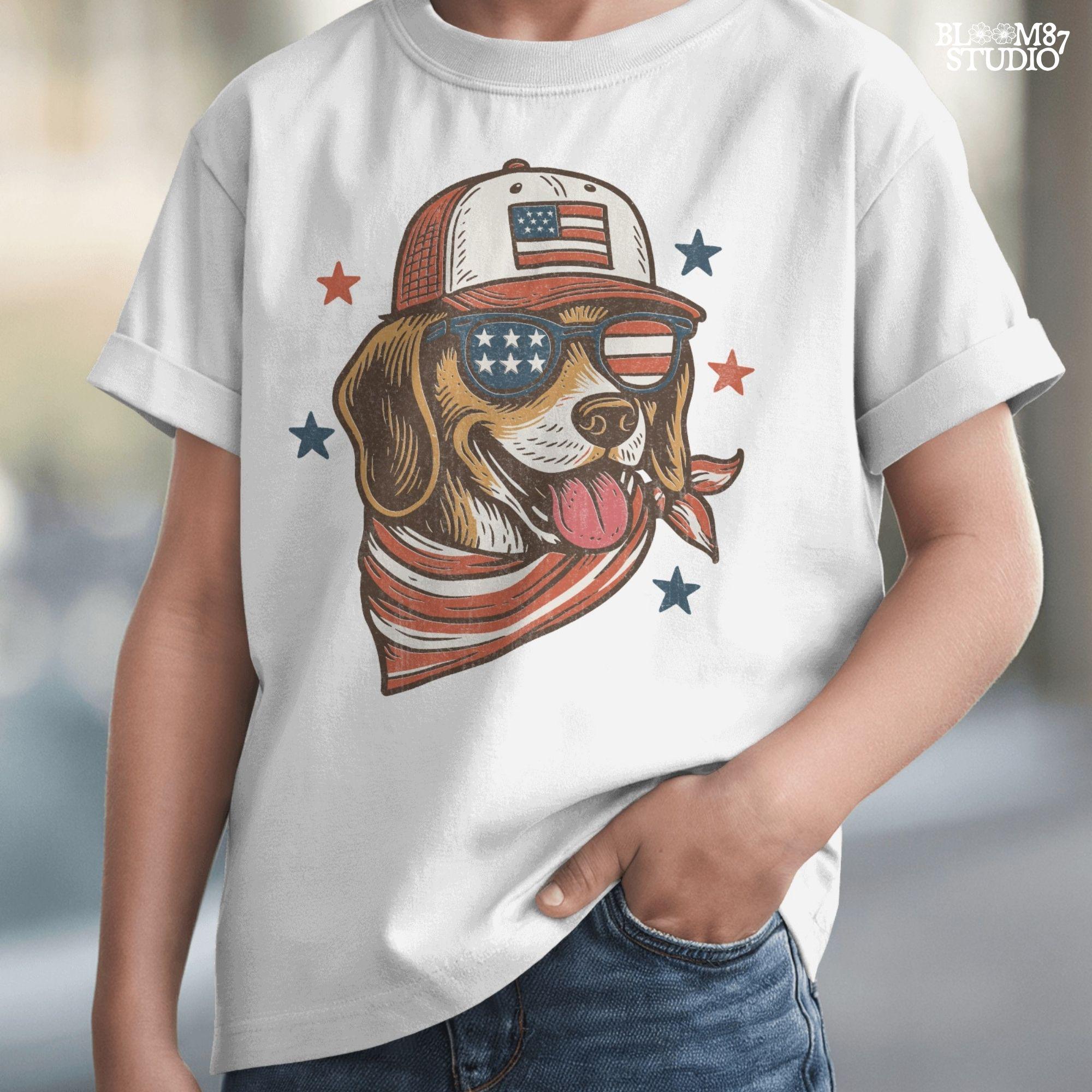 Beagle-style dog wearing American flag hat, sunglasses, and bandana – patriotic PNG for 4th of July shirts and dog-lover sublimation crafts.
