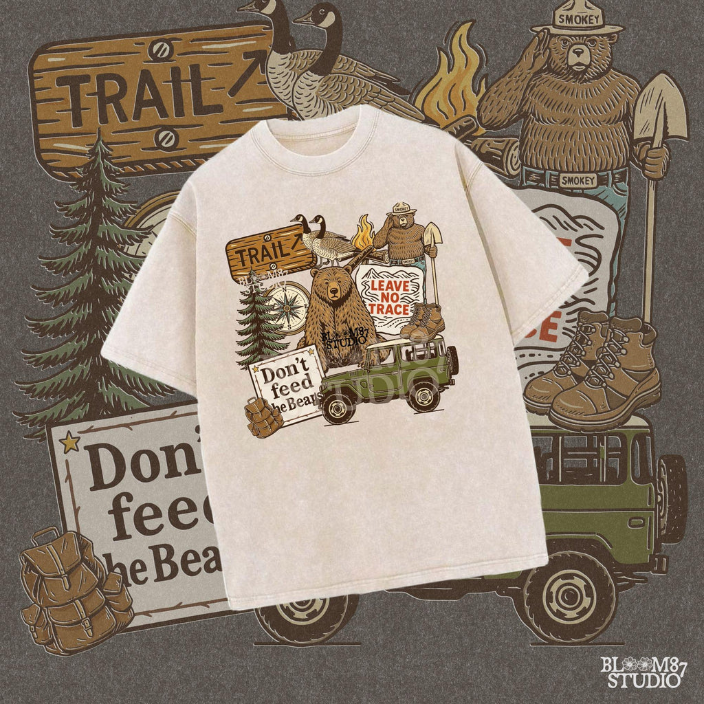 Illustration of a camping-themed collage featuring a grizzly bear, “Leave No Trace” sign, Smokey the Bear, trail sign, compass, boots, a green jeep, and forest scenery.