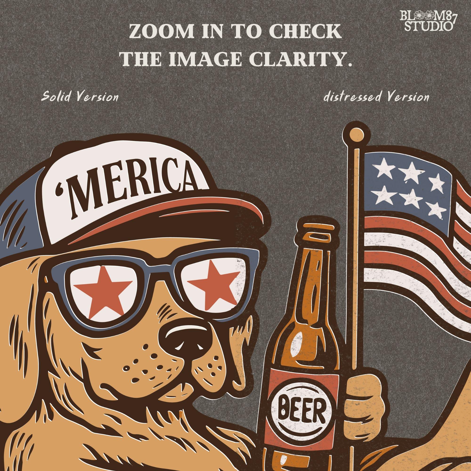 Labrador-style dog lounging on red-white-blue floaty, holding a beer and American flag, wearing patriotic hat and sunglasses – sublimation PNG for 4th of July.