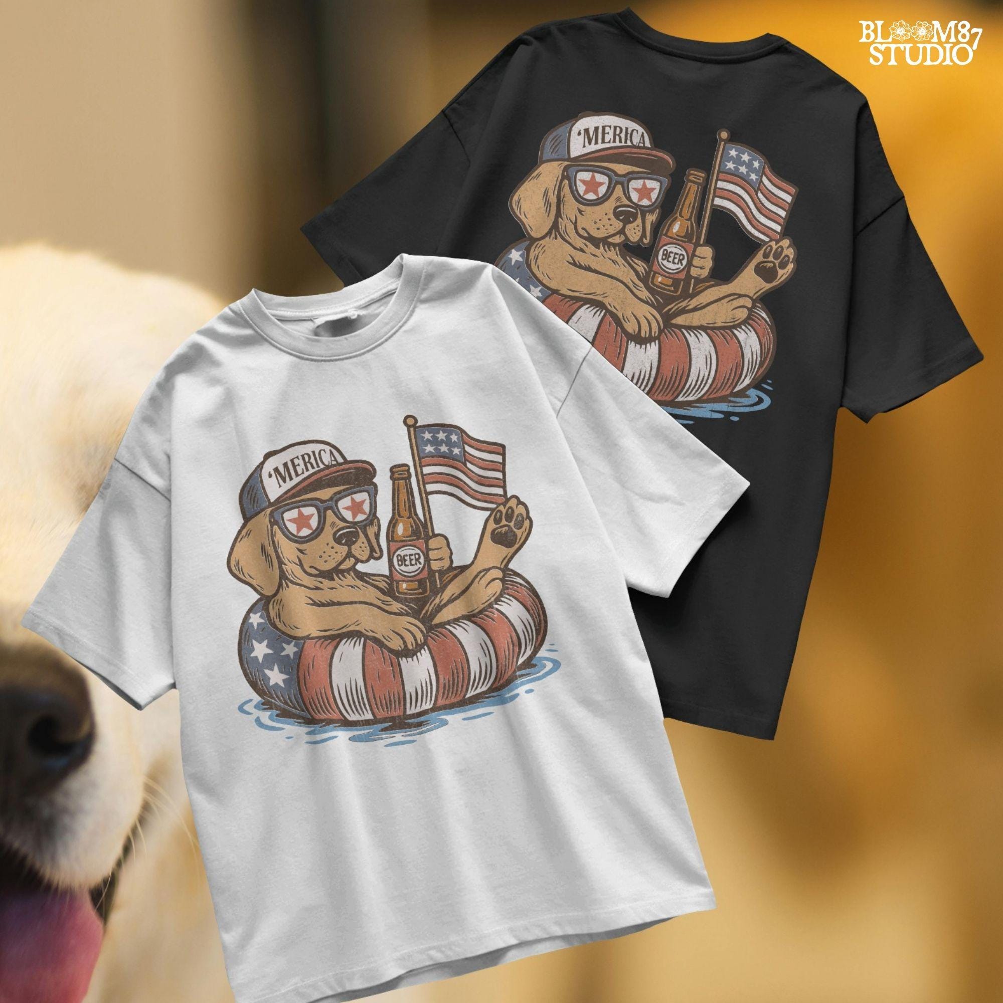 Labrador-style dog lounging on red-white-blue floaty, holding a beer and American flag, wearing patriotic hat and sunglasses – sublimation PNG for 4th of July.