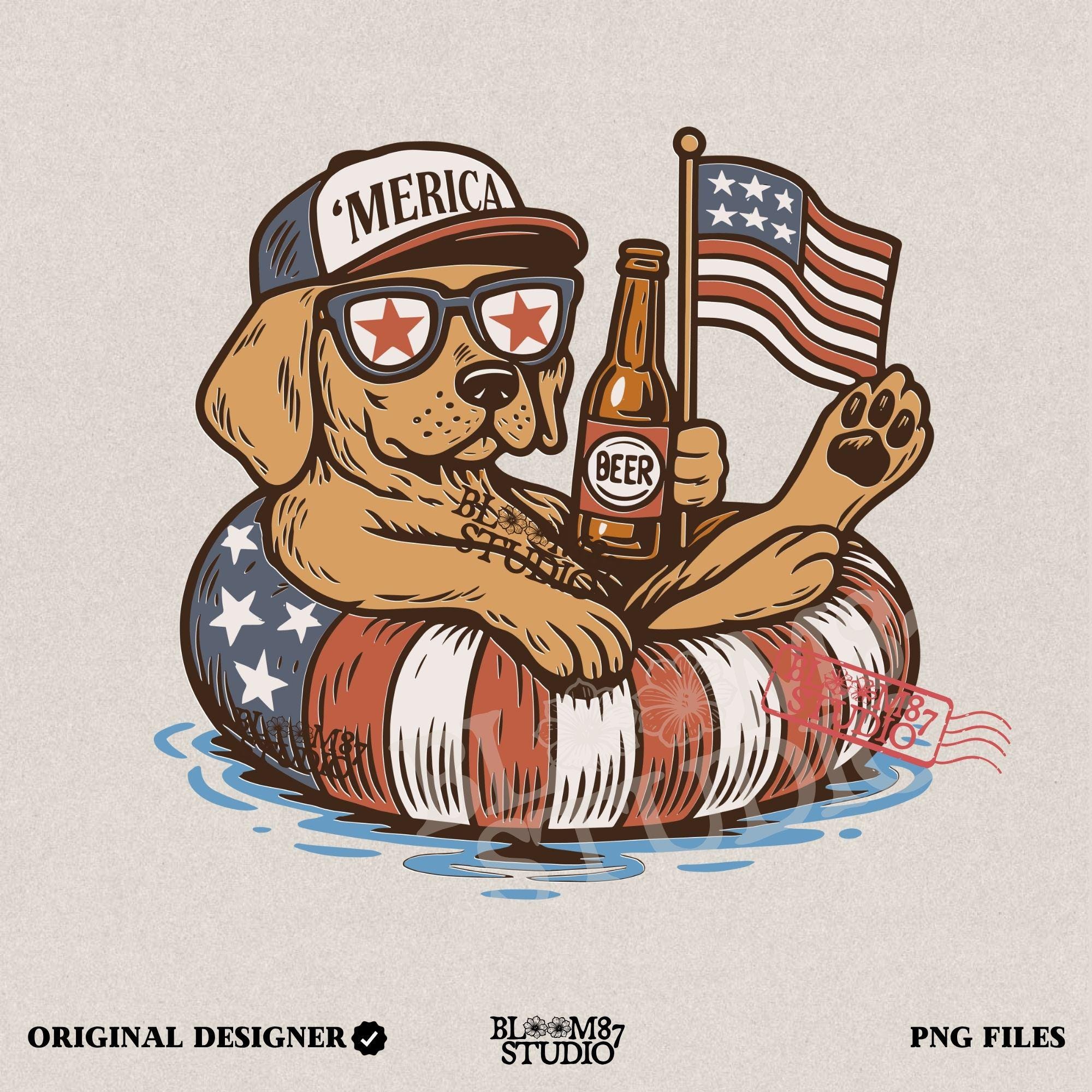 Labrador-style dog lounging on red-white-blue floaty, holding a beer and American flag, wearing patriotic hat and sunglasses – sublimation PNG for 4th of July.