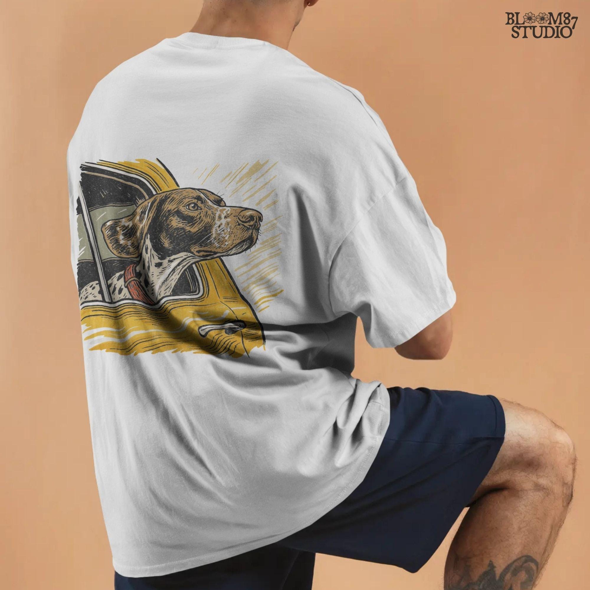 German Shorthaired Pointer with head out yellow truck window – rustic hunting dog PNG for sublimation shirts and outdoor-themed crafts.