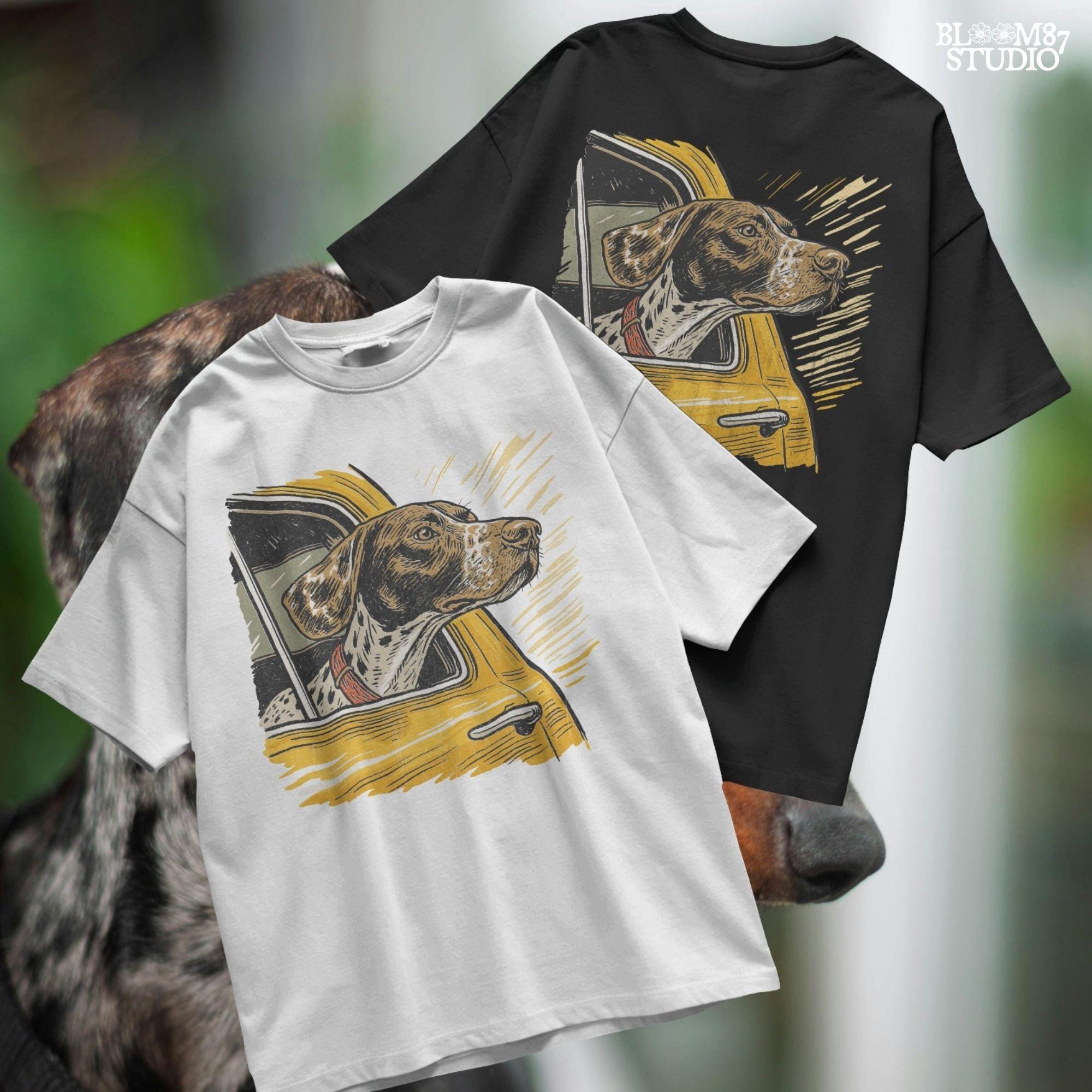 German Shorthaired Pointer with head out yellow truck window – rustic hunting dog PNG for sublimation shirts and outdoor-themed crafts.