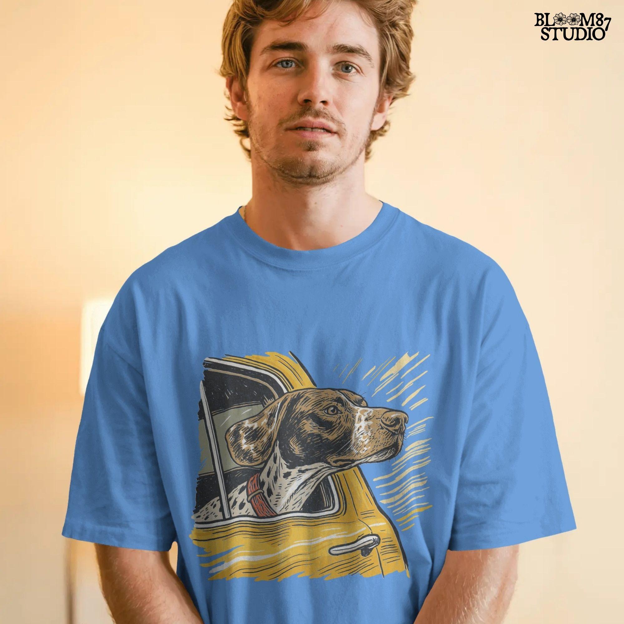 German Shorthaired Pointer with head out yellow truck window – rustic hunting dog PNG for sublimation shirts and outdoor-themed crafts.