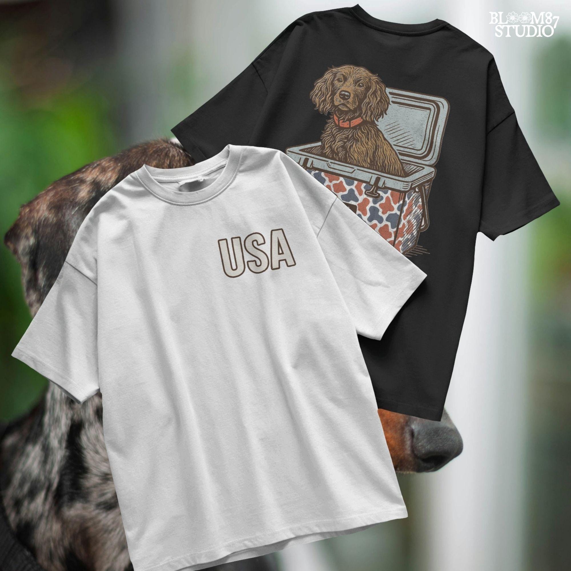 Sporting dog (spaniel type) sitting in a patriotic red-white-blue camo cooler labeled “USA” – sublimation PNG for southern dog lovers and summer crafts.