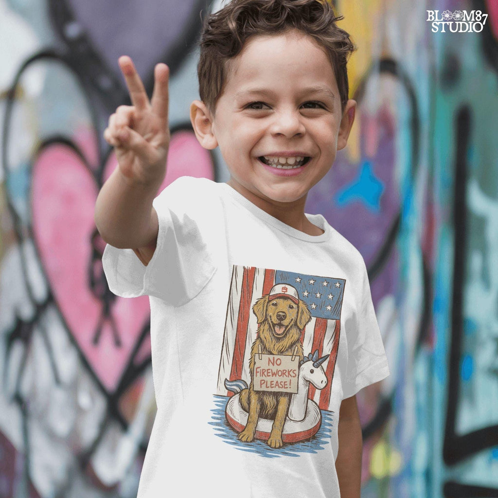 Illustration of a golden retriever in a unicorn float holding a “No Fireworks Please” sign, with American flag background and patriotic summer theme.
