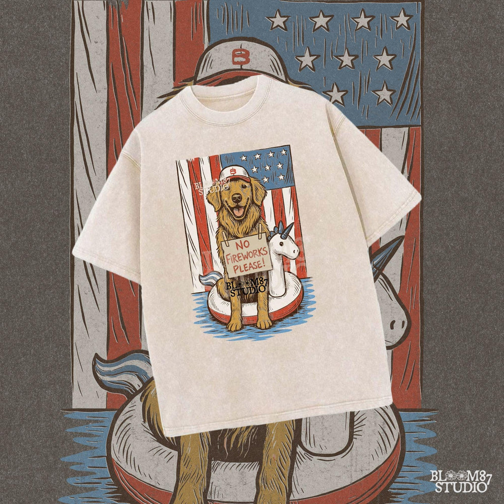 Illustration of a golden retriever in a unicorn float holding a “No Fireworks Please” sign, with American flag background and patriotic summer theme.