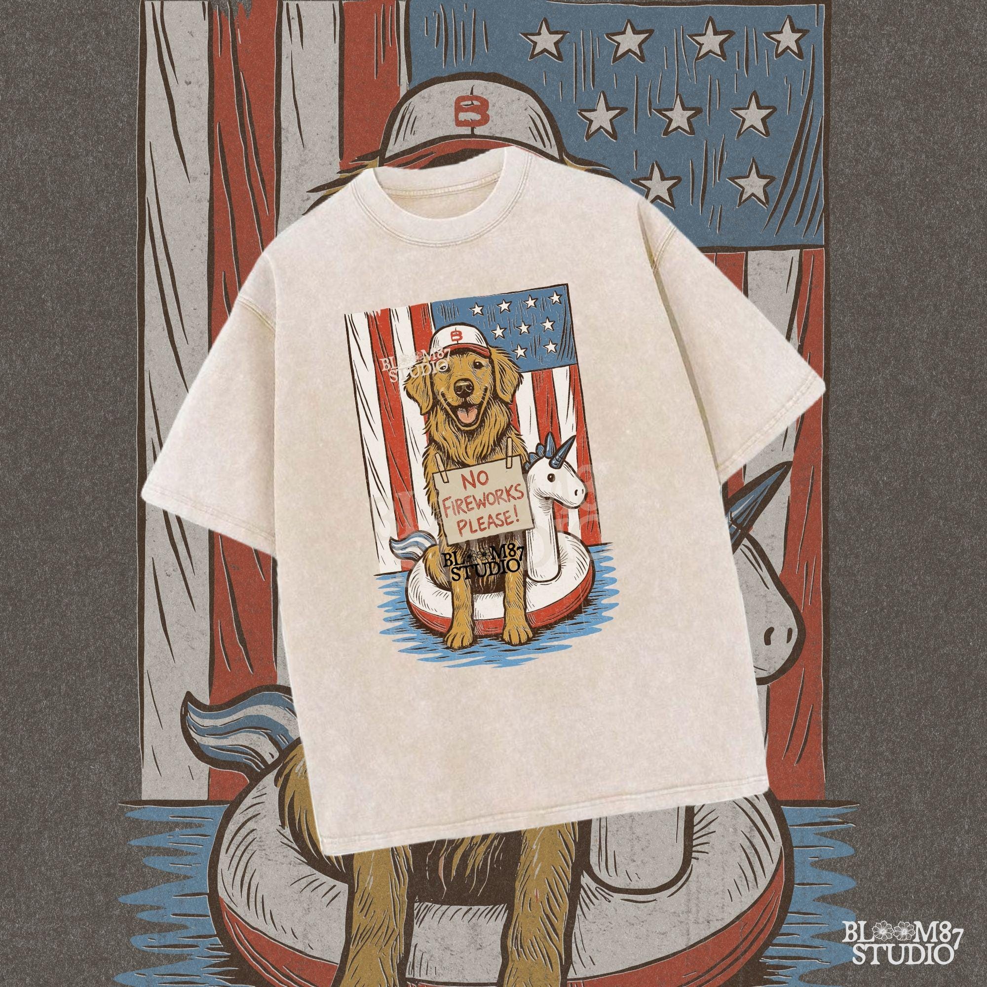 Illustration of a golden retriever in a unicorn float holding a “No Fireworks Please” sign, with American flag background and patriotic summer theme.