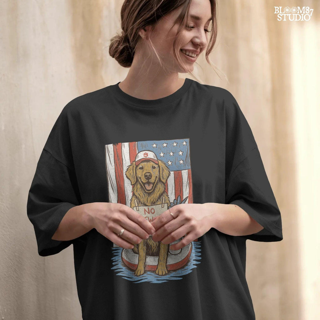 Illustration of a golden retriever in a unicorn float holding a “No Fireworks Please” sign, with American flag background and patriotic summer theme.