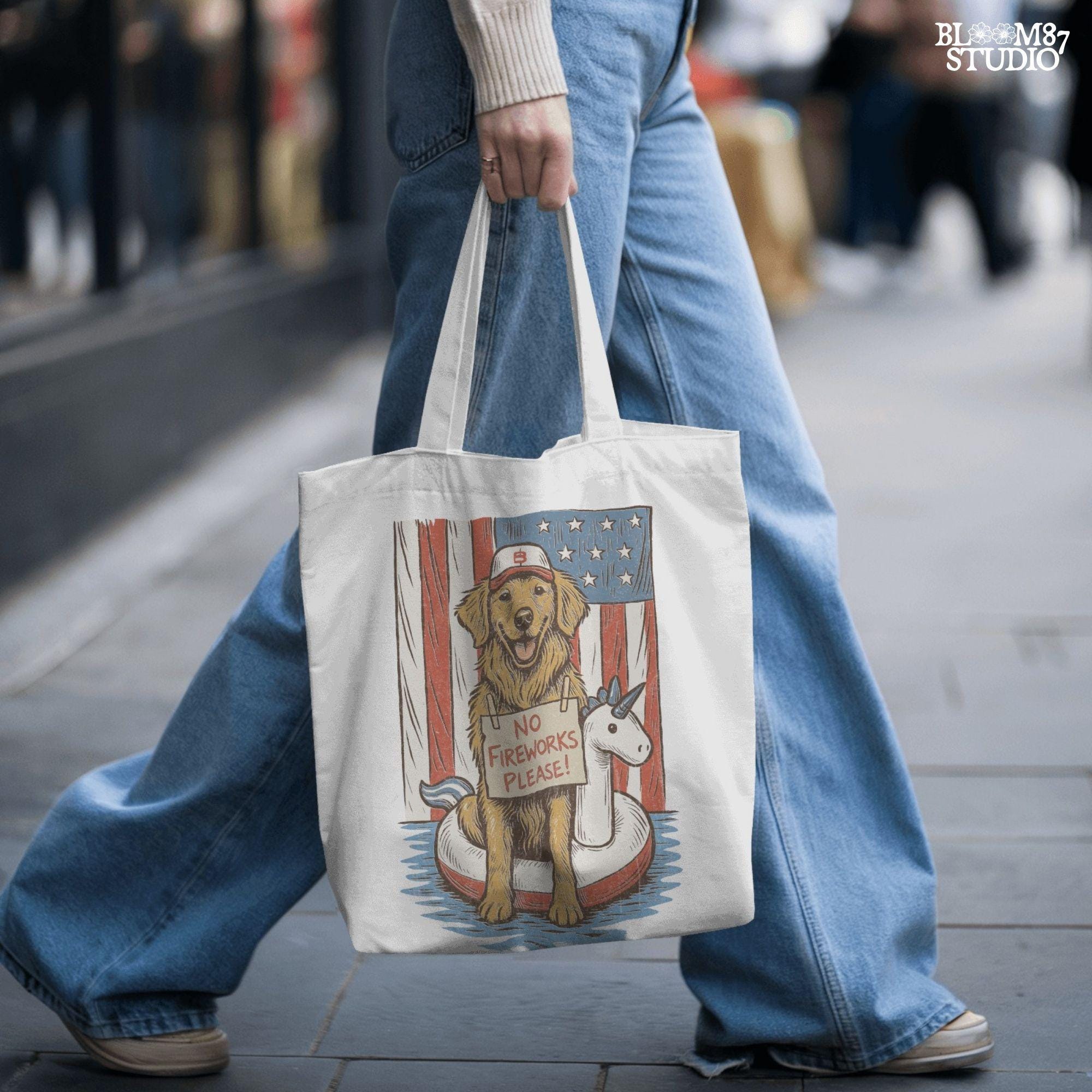 Illustration of a golden retriever in a unicorn float holding a “No Fireworks Please” sign, with American flag background and patriotic summer theme.