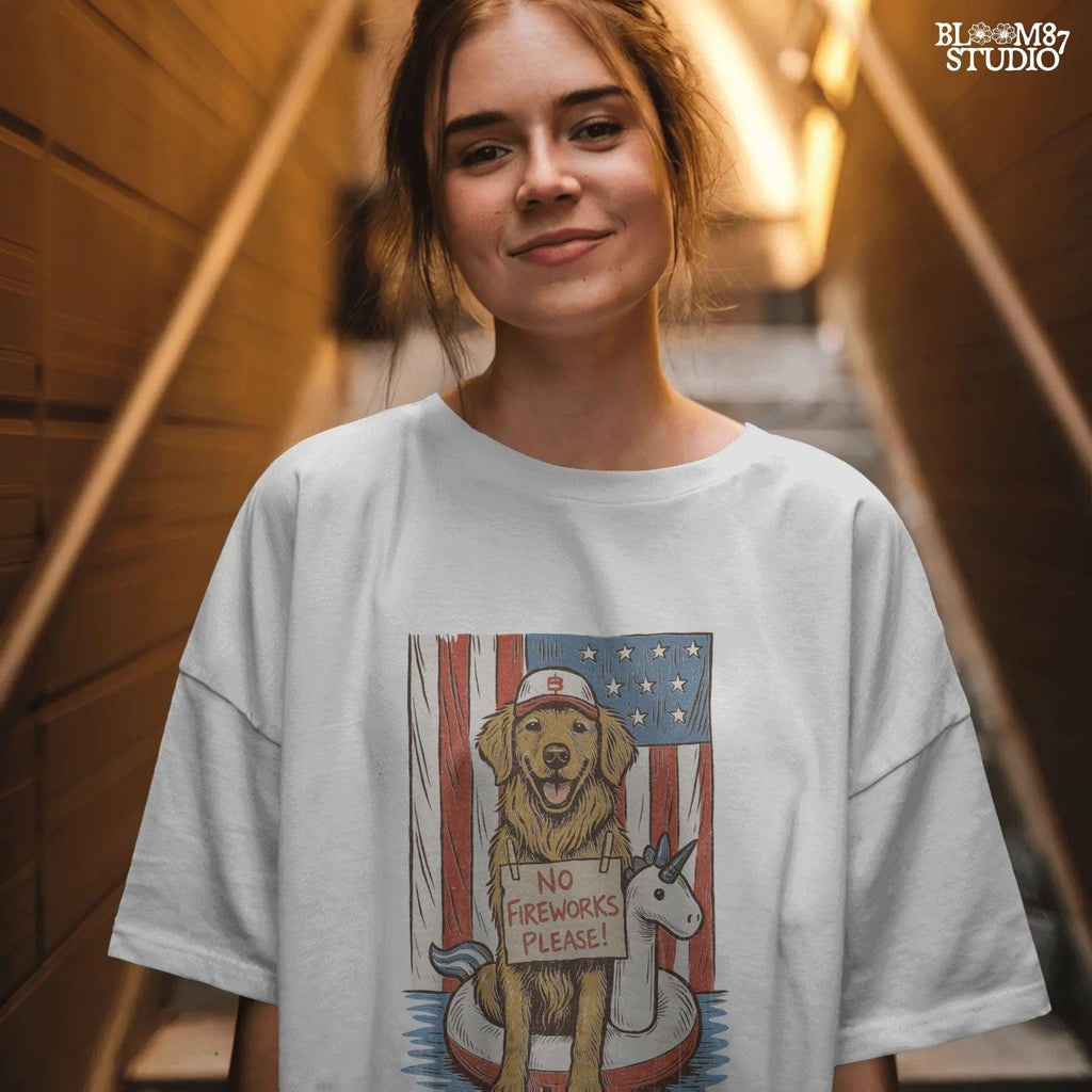 Illustration of a golden retriever in a unicorn float holding a “No Fireworks Please” sign, with American flag background and patriotic summer theme.