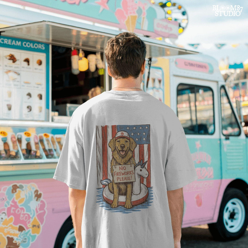 Illustration of a golden retriever in a unicorn float holding a “No Fireworks Please” sign, with American flag background and patriotic summer theme.