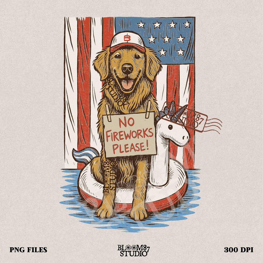 Illustration of a golden retriever in a unicorn float holding a “No Fireworks Please” sign, with American flag background and patriotic summer theme.