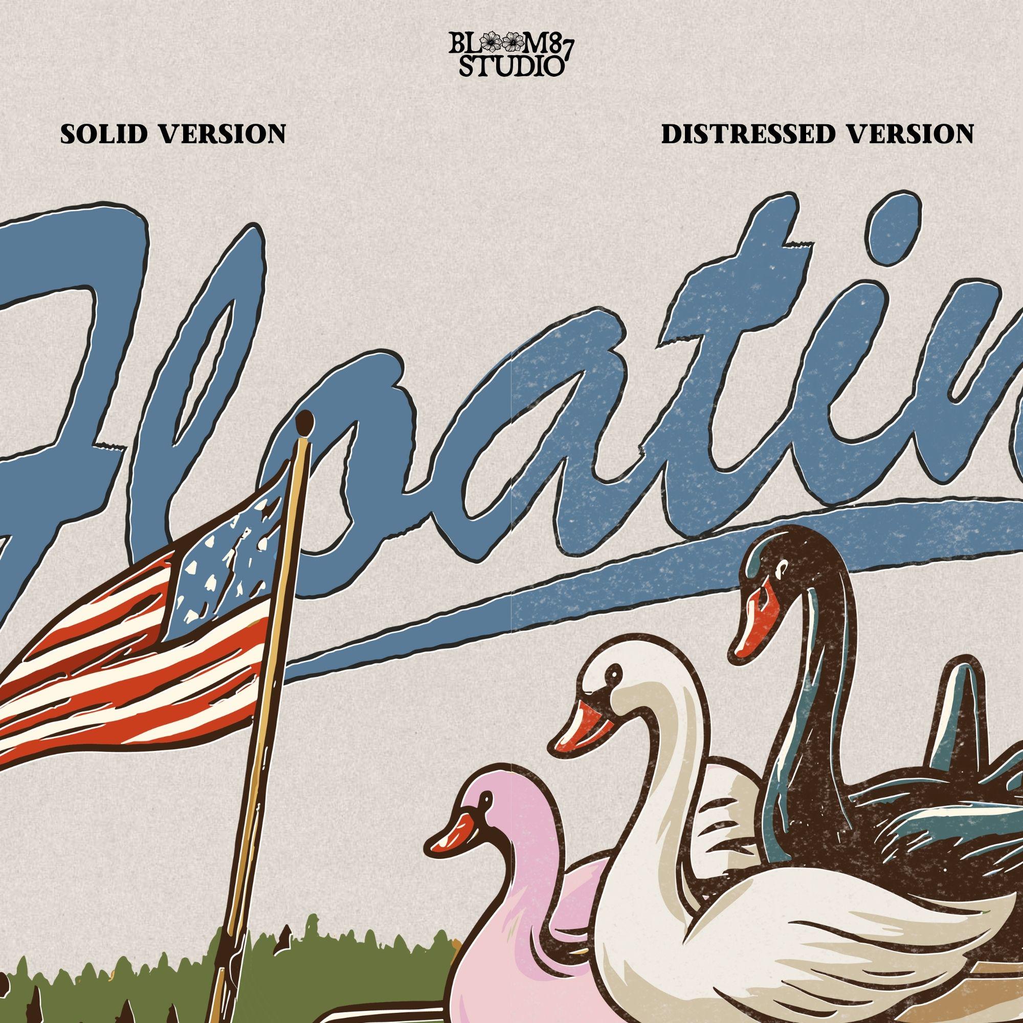 A red convertible car on the beach carrying three swan pool floats with an American flag, with the text “Floatin’ into Freedom” in a playful patriotic theme.