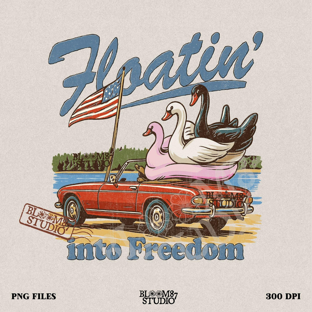 A red convertible car on the beach carrying three swan pool floats with an American flag, with the text “Floatin’ into Freedom” in a playful patriotic theme.