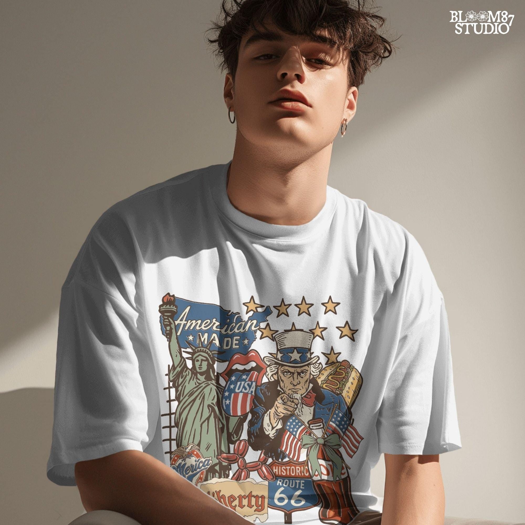 Retro American Made collage with Uncle Sam, Statue of Liberty, Route 66 sign, patriotic hotdog, and vintage USA symbols in red, white, and blue.