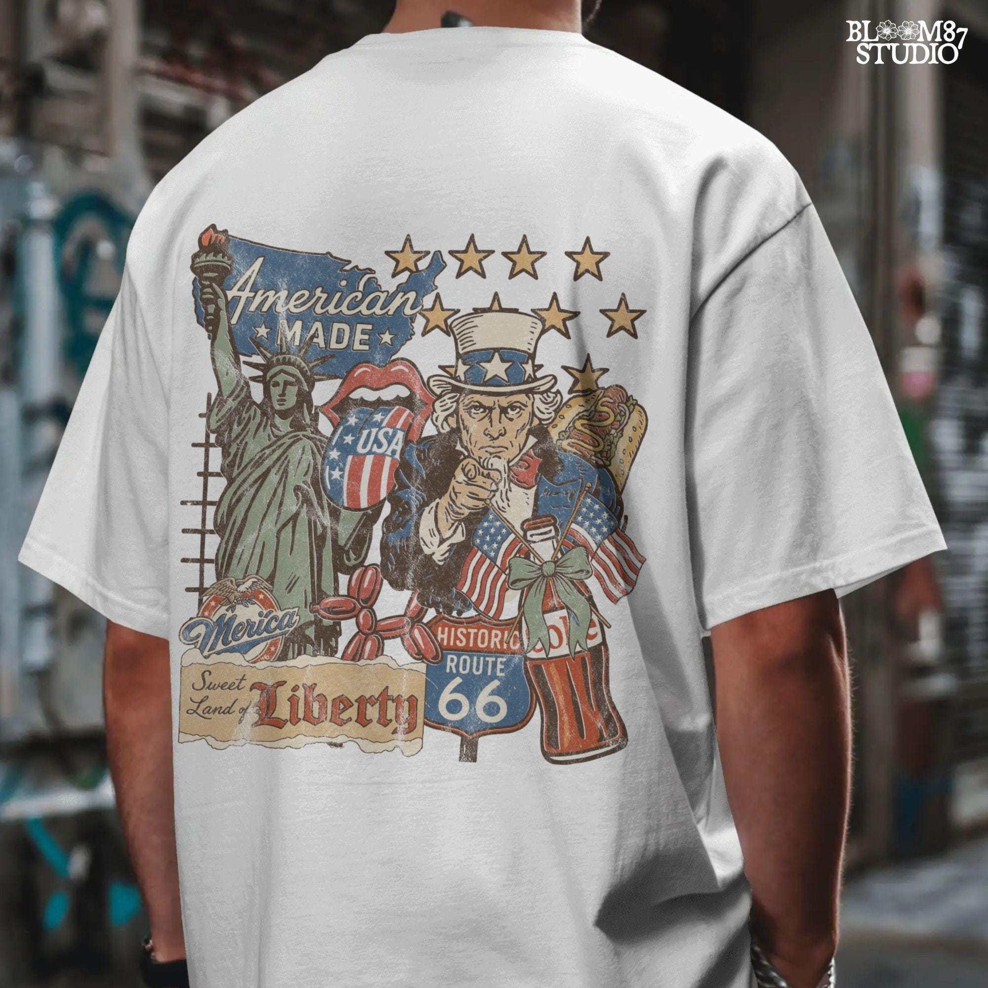 Retro American Made collage with Uncle Sam, Statue of Liberty, Route 66 sign, patriotic hotdog, and vintage USA symbols in red, white, and blue.