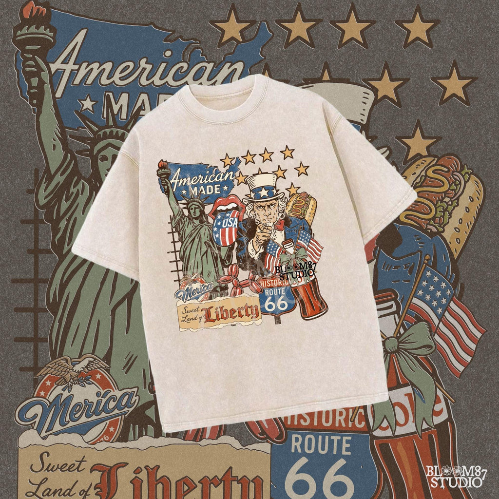 Retro American Made collage with Uncle Sam, Statue of Liberty, Route 66 sign, patriotic hotdog, and vintage USA symbols in red, white, and blue.