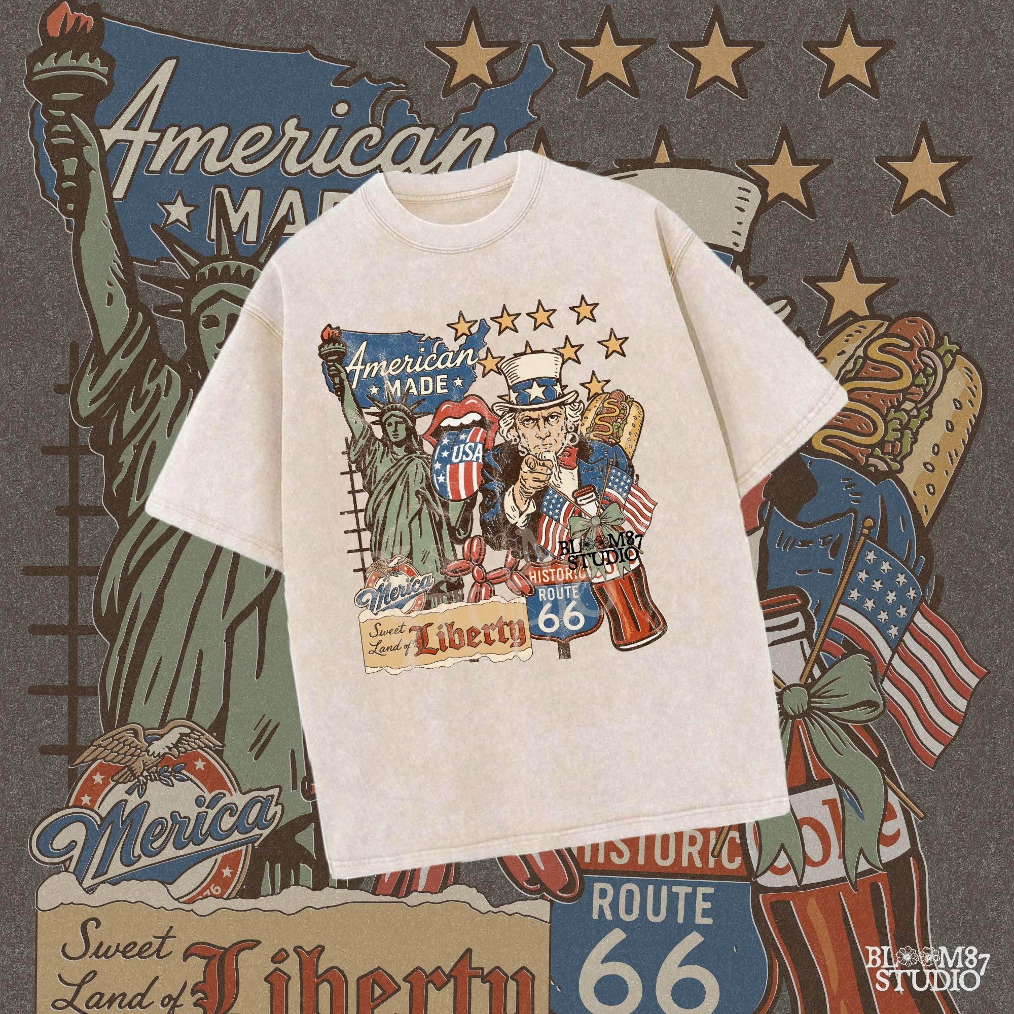 Retro American Made collage with Uncle Sam, Statue of Liberty, Route 66 sign, patriotic hotdog, and vintage USA symbols in red, white, and blue.