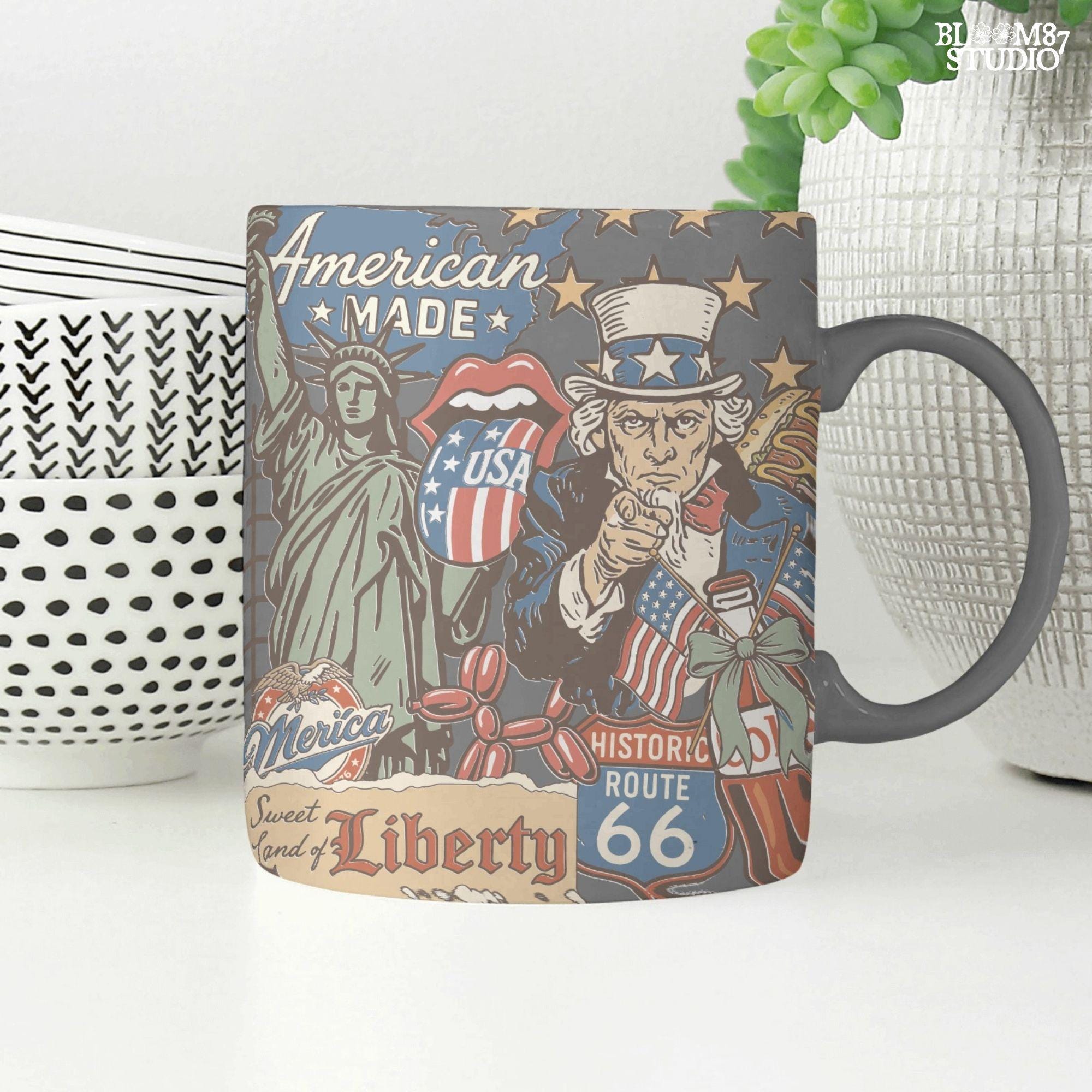 Retro American Made collage with Uncle Sam, Statue of Liberty, Route 66 sign, patriotic hotdog, and vintage USA symbols in red, white, and blue.