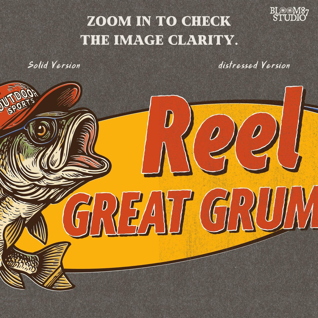 Retro-style grumpy bass fish wearing a red outdoor hat with bold text “Reel Great Grumpy” on a yellow and orange background