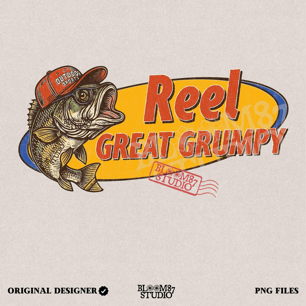 Retro-style grumpy bass fish wearing a red outdoor hat with bold text “Reel Great Grumpy” on a yellow and orange background