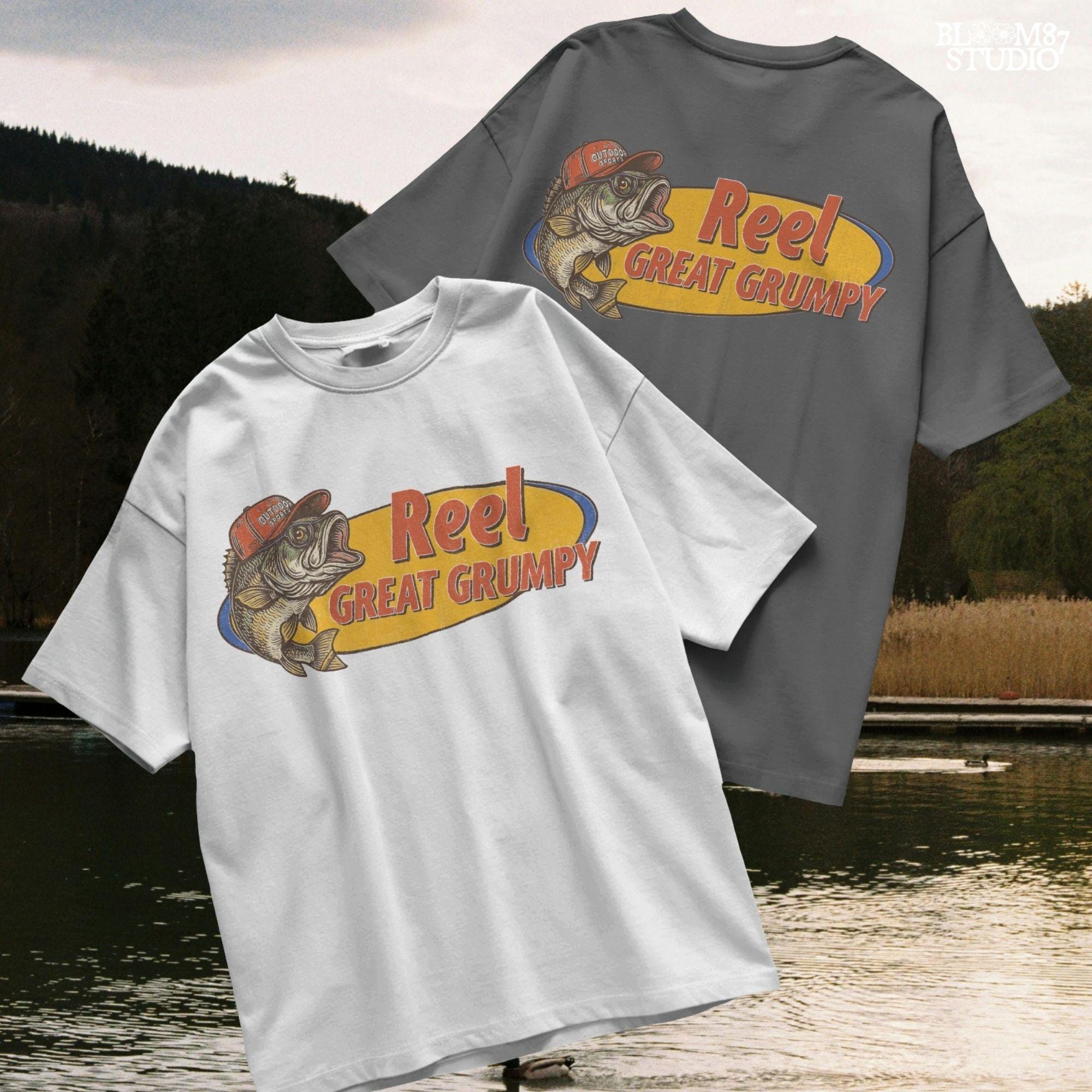 Retro-style grumpy bass fish wearing a red outdoor hat with bold text “Reel Great Grumpy” on a yellow and orange background