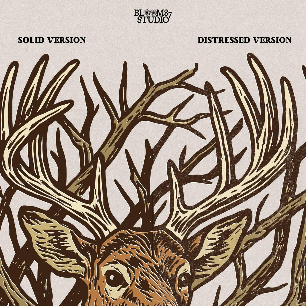 Hand-drawn whitetail deer with large antlers surrounded by bare woodland branches in earthy brown tones on a transparent background.