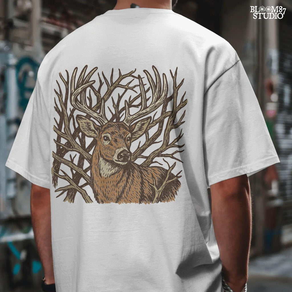 Hand-drawn whitetail deer with large antlers surrounded by bare woodland branches in earthy brown tones on a transparent background.