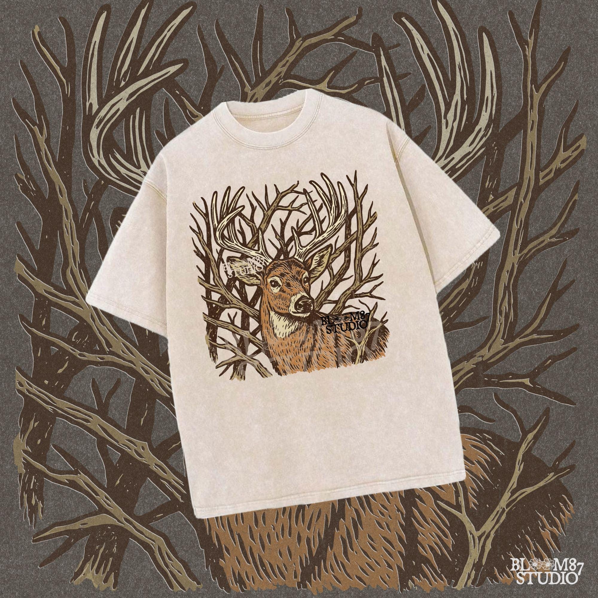 Hand-drawn whitetail deer with large antlers surrounded by bare woodland branches in earthy brown tones on a transparent background.