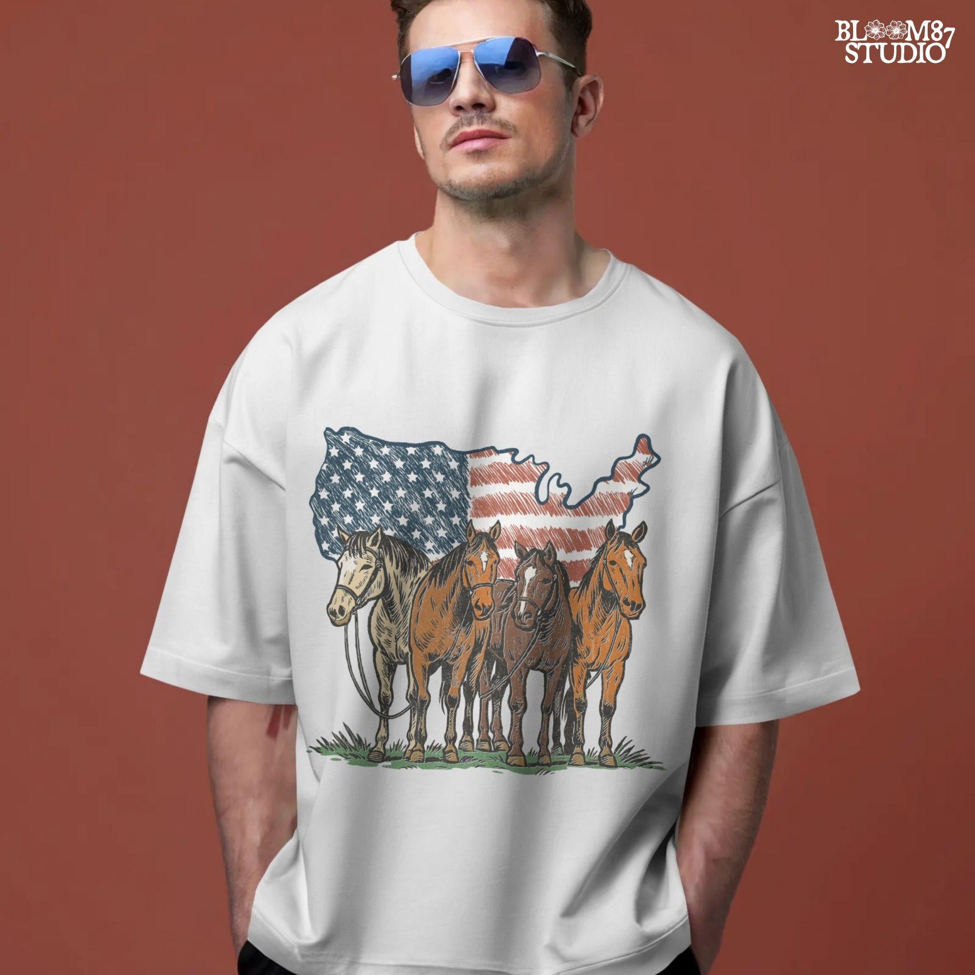 Illustration of five horses standing in front of a USA-shaped American flag background, in a rustic patriotic western style