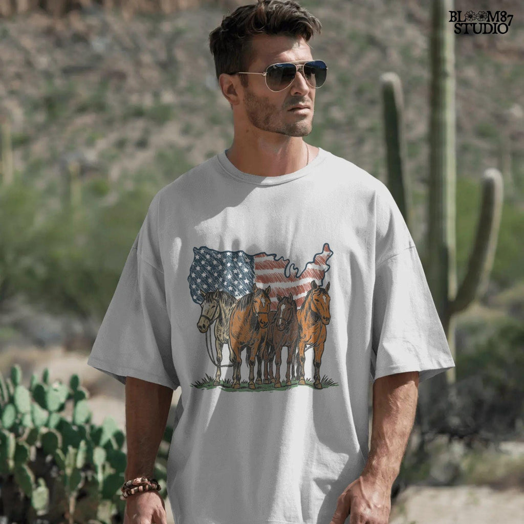 Illustration of five horses standing in front of a USA-shaped American flag background, in a rustic patriotic western style