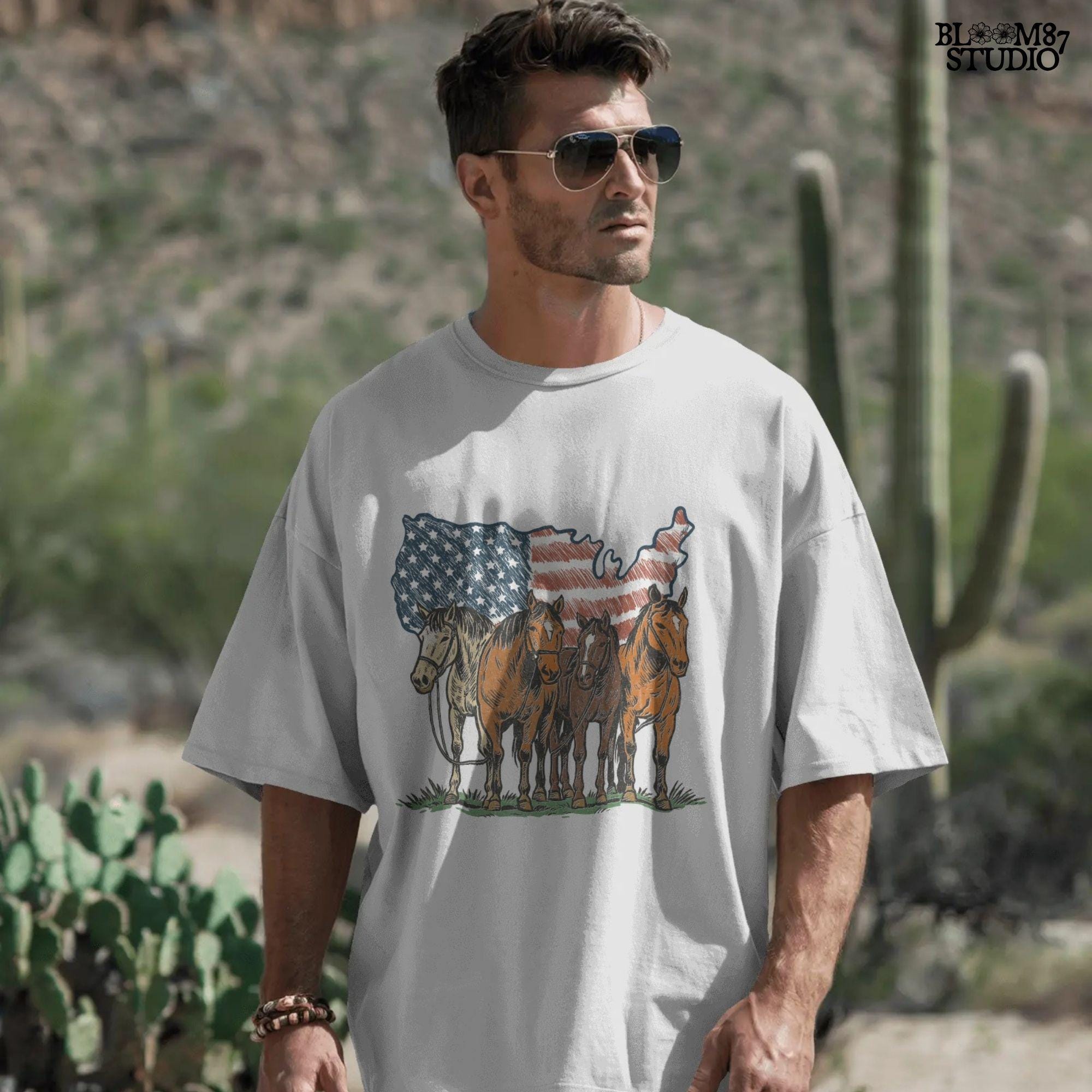 Illustration of five horses standing in front of a USA-shaped American flag background, in a rustic patriotic western style