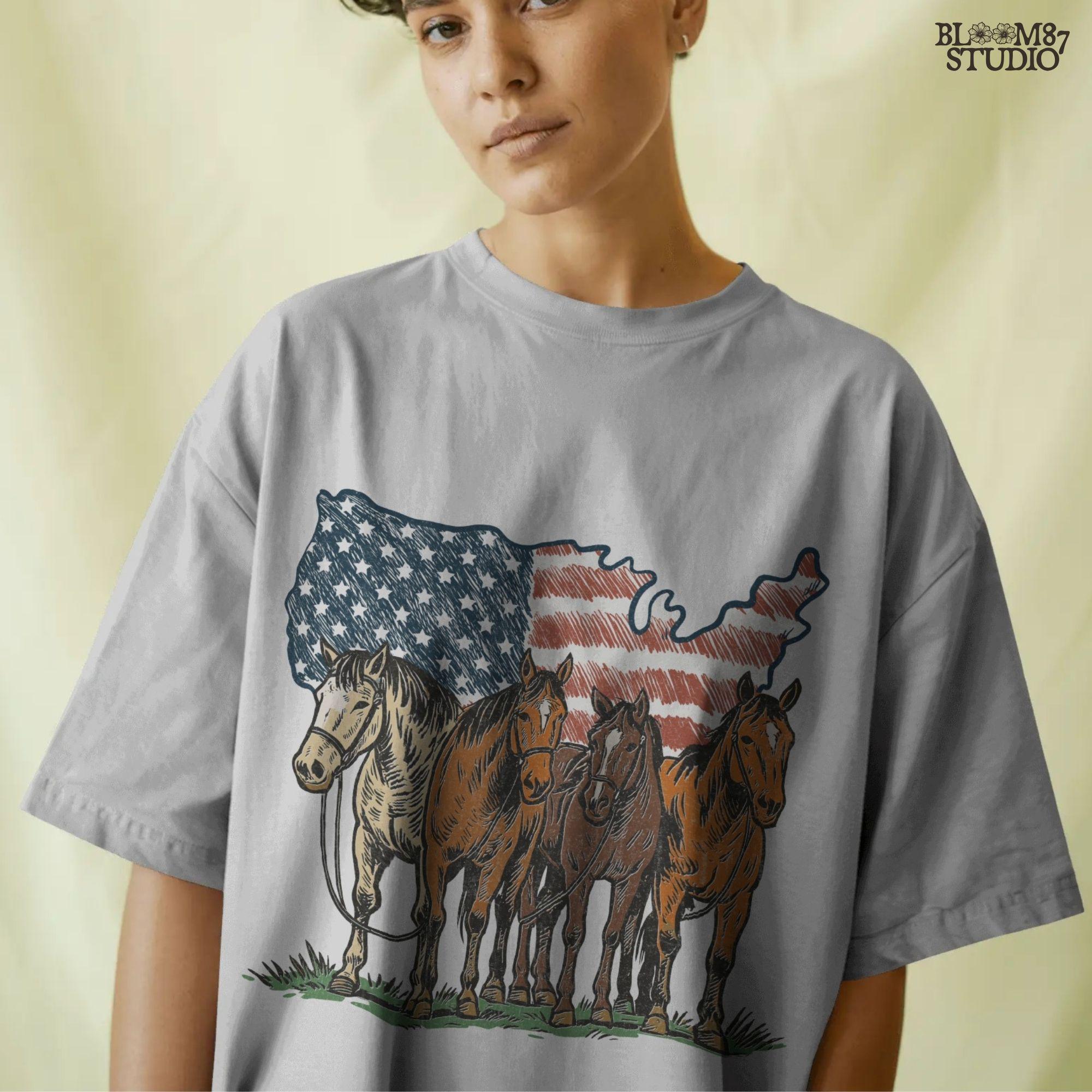 Illustration of five horses standing in front of a USA-shaped American flag background, in a rustic patriotic western style