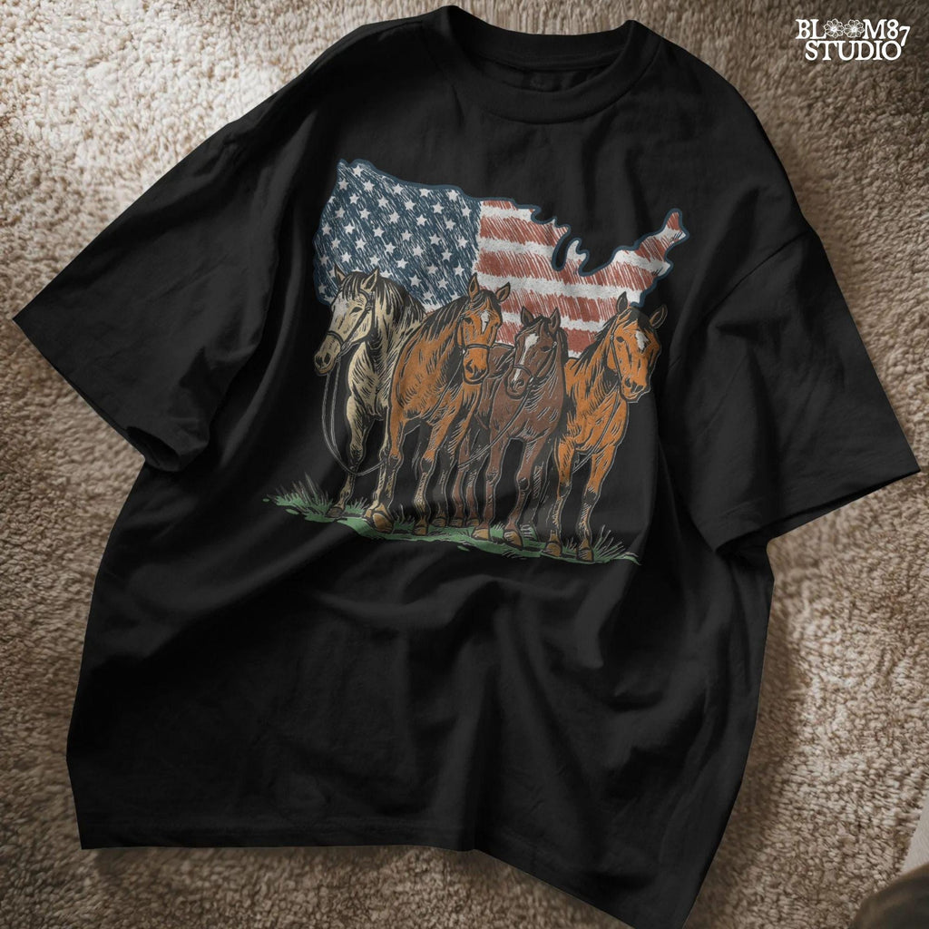Illustration of five horses standing in front of a USA-shaped American flag background, in a rustic patriotic western style