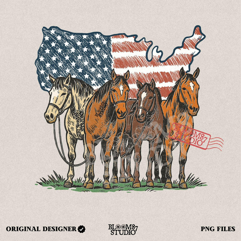 Illustration of five horses standing in front of a USA-shaped American flag background, in a rustic patriotic western style