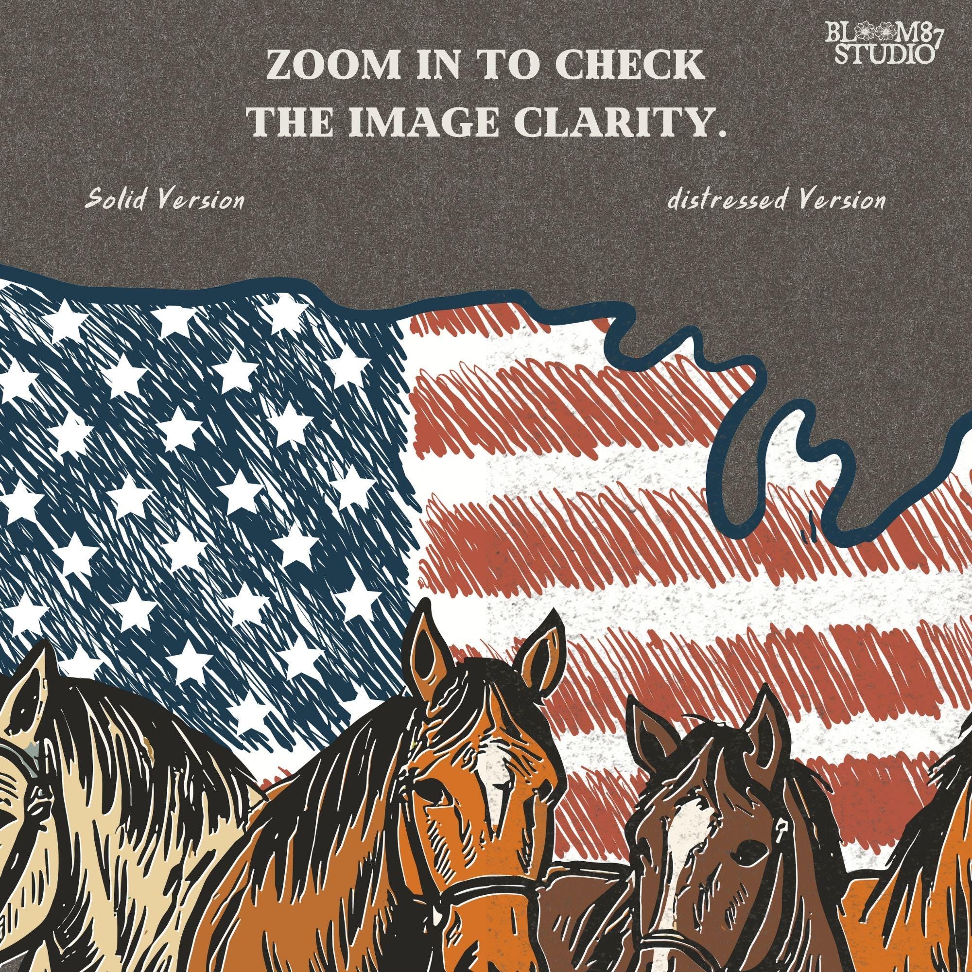 Illustration of five horses standing in front of a USA-shaped American flag background, in a rustic patriotic western style