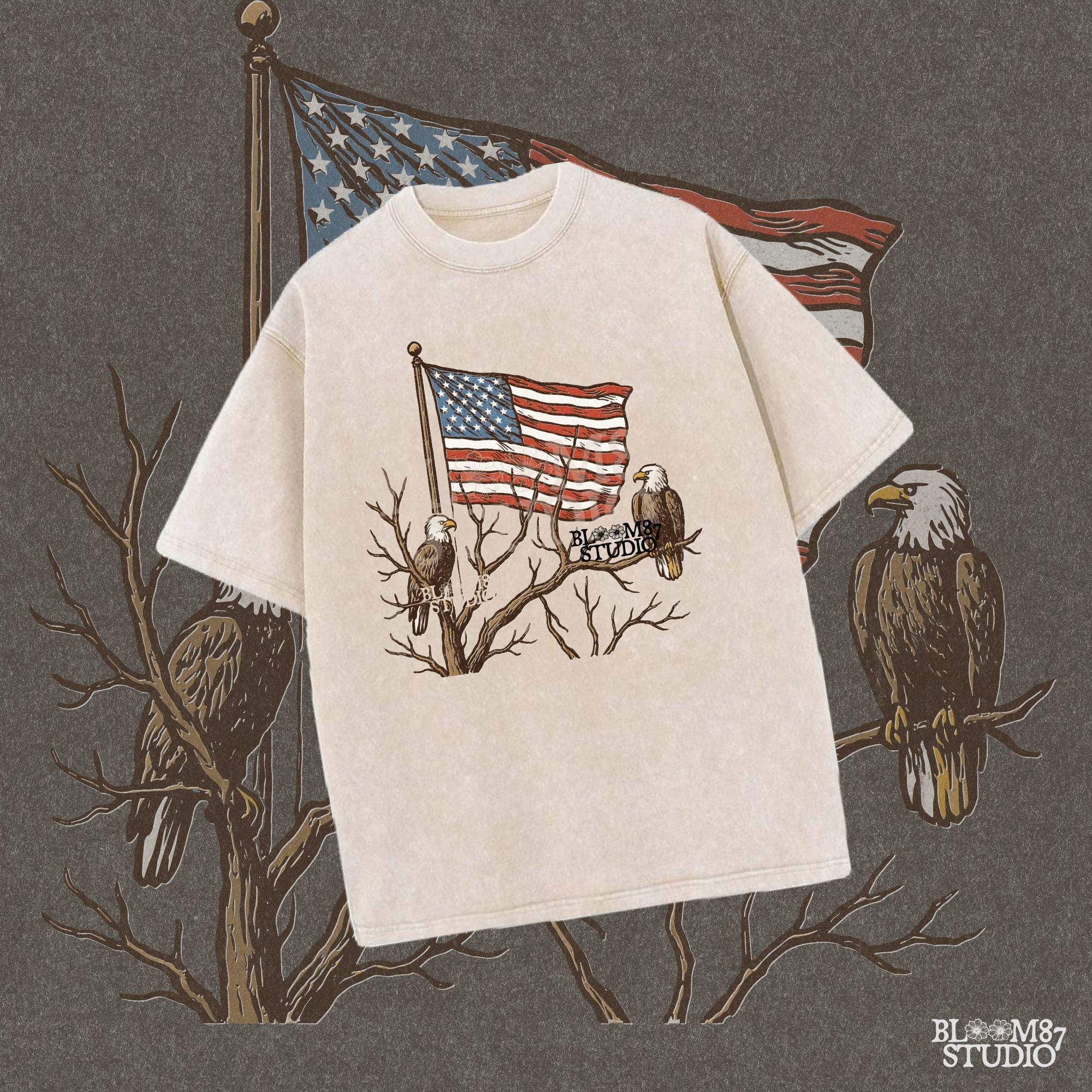 Two bald eagles perched on leafless tree branches in front of a waving American flag in a vintage-style illustration.