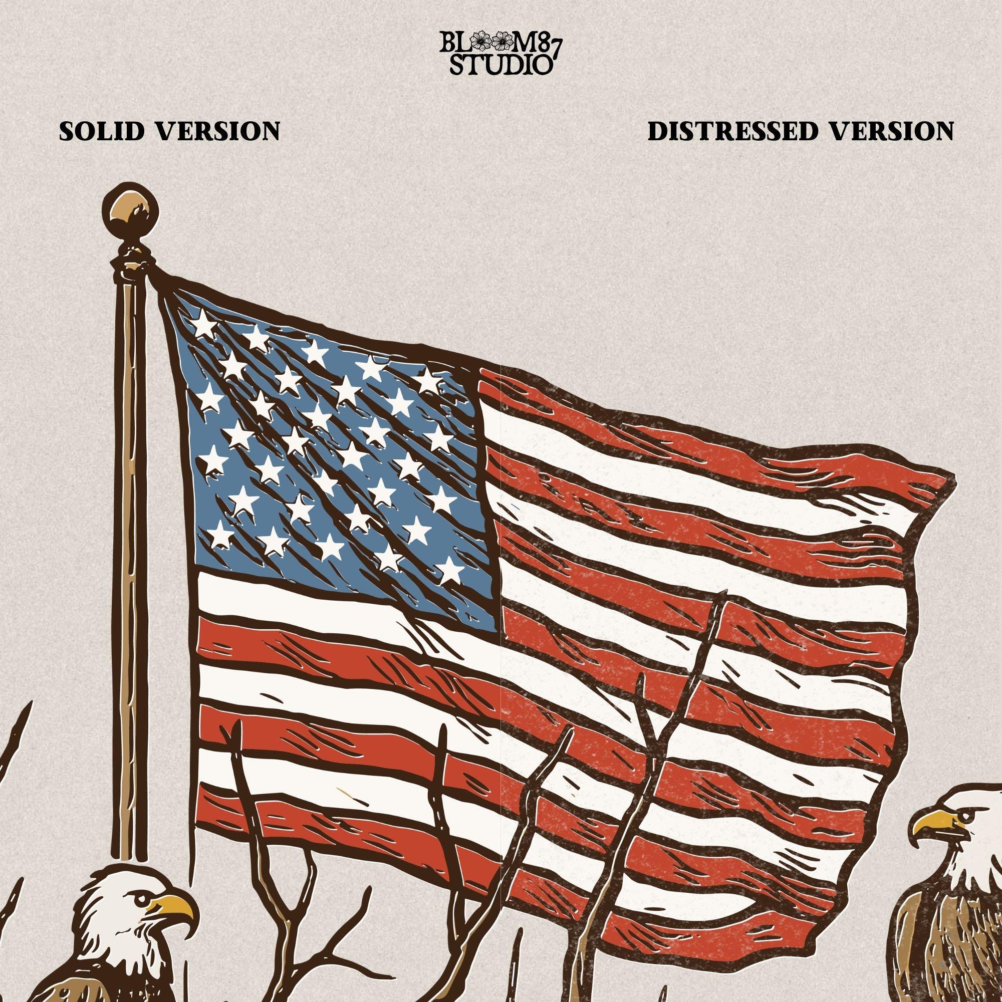 Two bald eagles perched on leafless tree branches in front of a waving American flag in a vintage-style illustration.