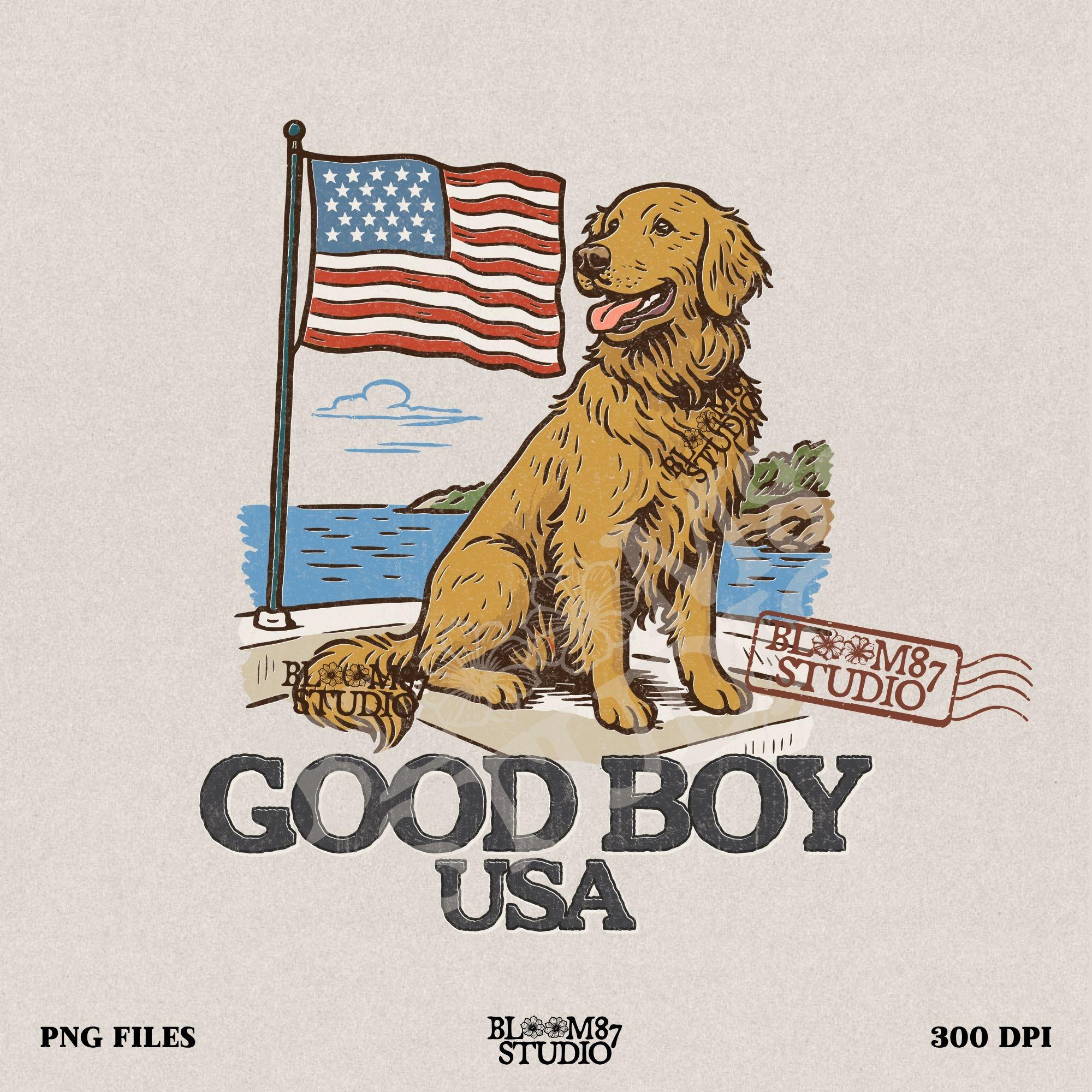 Golden retriever sitting proudly in front of the American flag with “Good Boy USA” text below, patriotic dog design