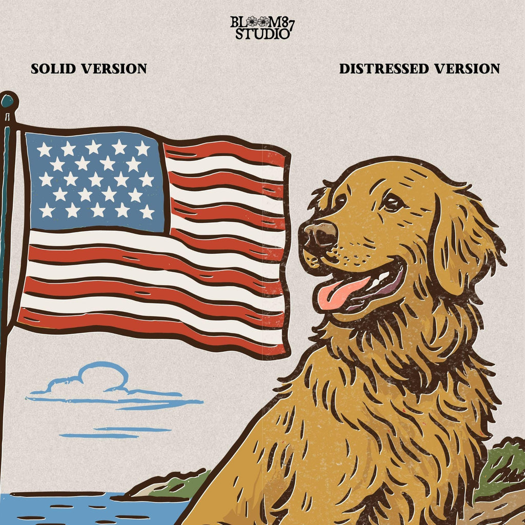 Golden retriever sitting proudly in front of the American flag with “Good Boy USA” text below, patriotic dog design
