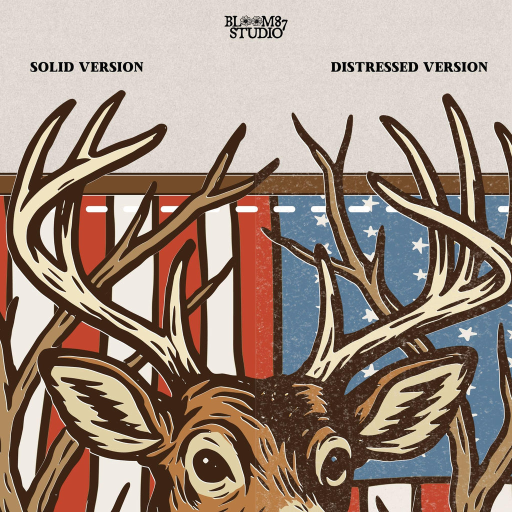 Illustration of a proud buck with large antlers standing in front of a stitched American flag patch, rustic hunting style.