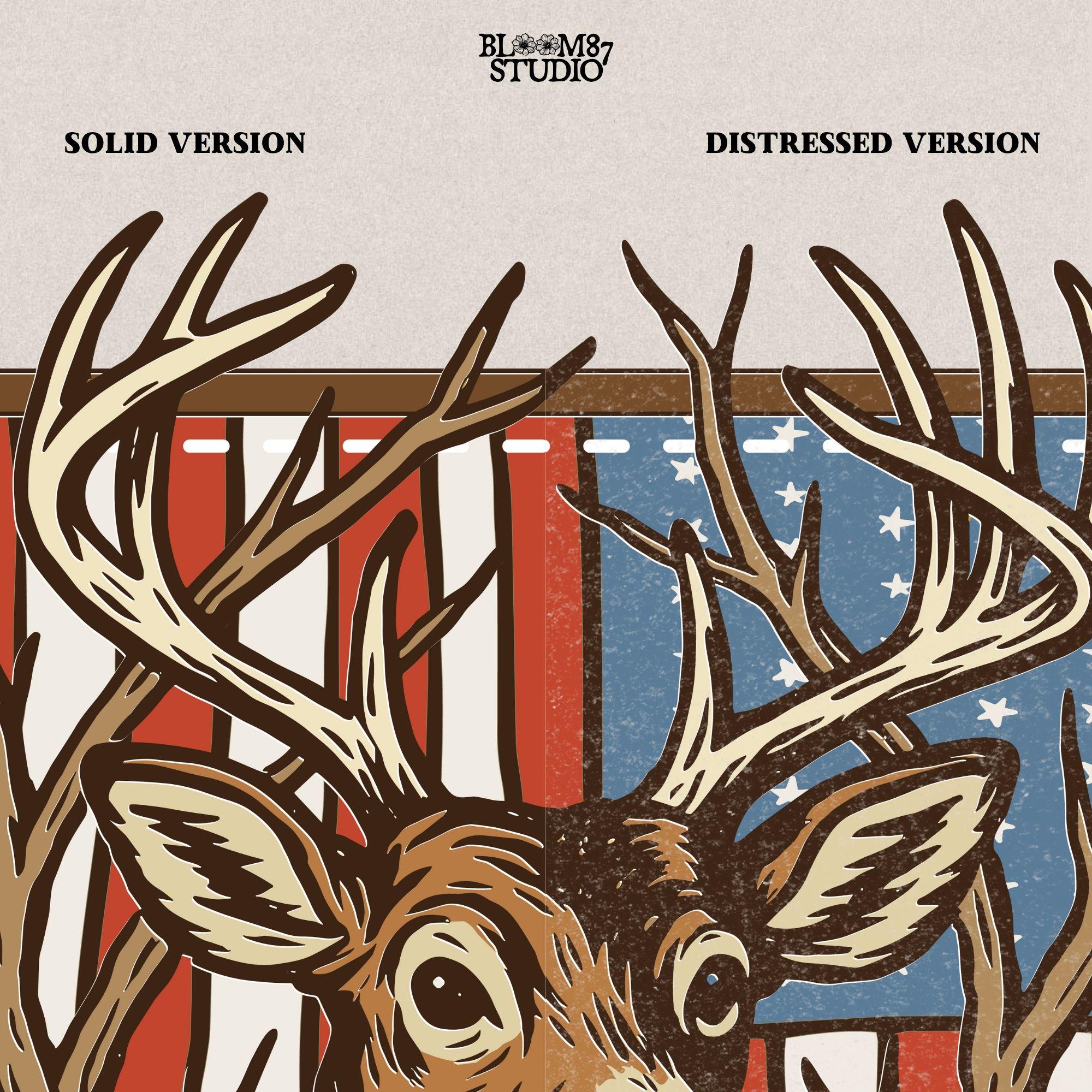 Illustration of a proud buck with large antlers standing in front of a stitched American flag patch, rustic hunting style.