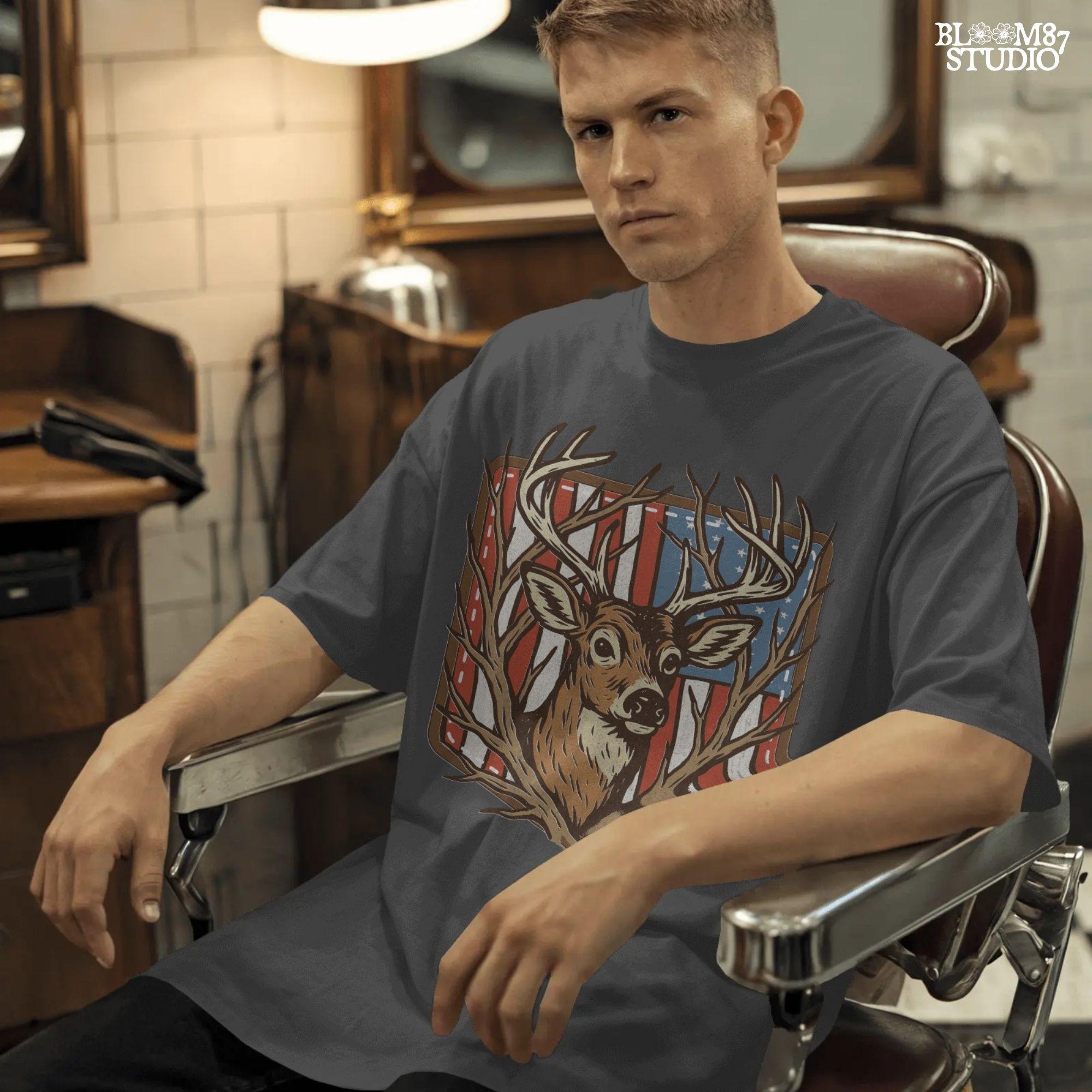 Illustration of a proud buck with large antlers standing in front of a stitched American flag patch, rustic hunting style.