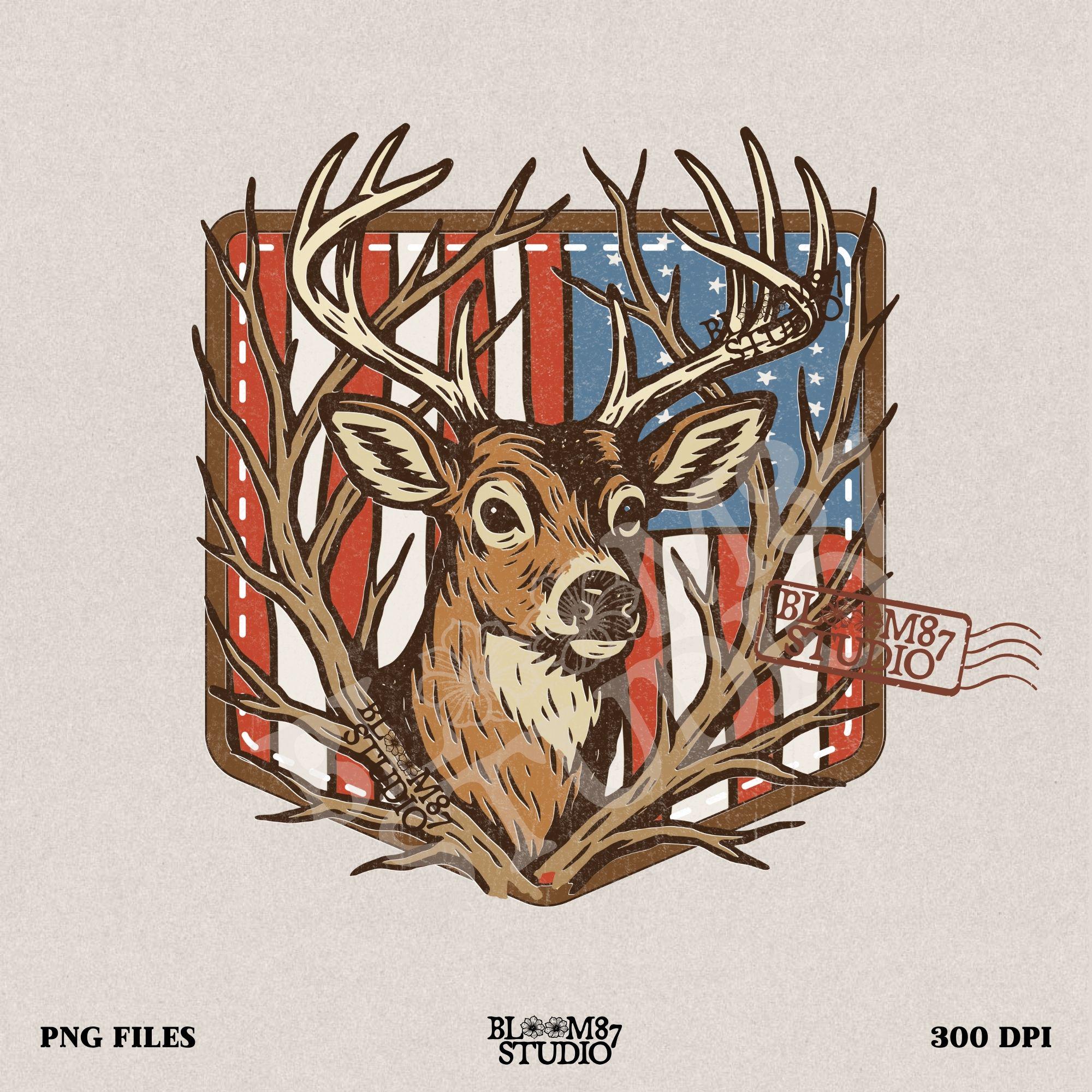 Illustration of a proud buck with large antlers standing in front of a stitched American flag patch, rustic hunting style.