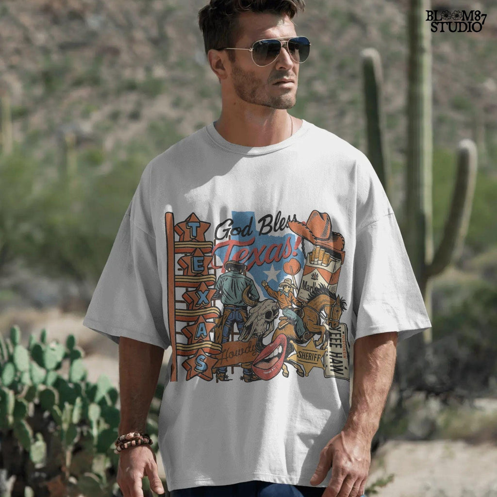 Retro Western collage illustration with cowboys, Texas map, neon sign, rodeo rider, bull skull, sheriff badge, cowboy hat, and “God Bless Texas” text