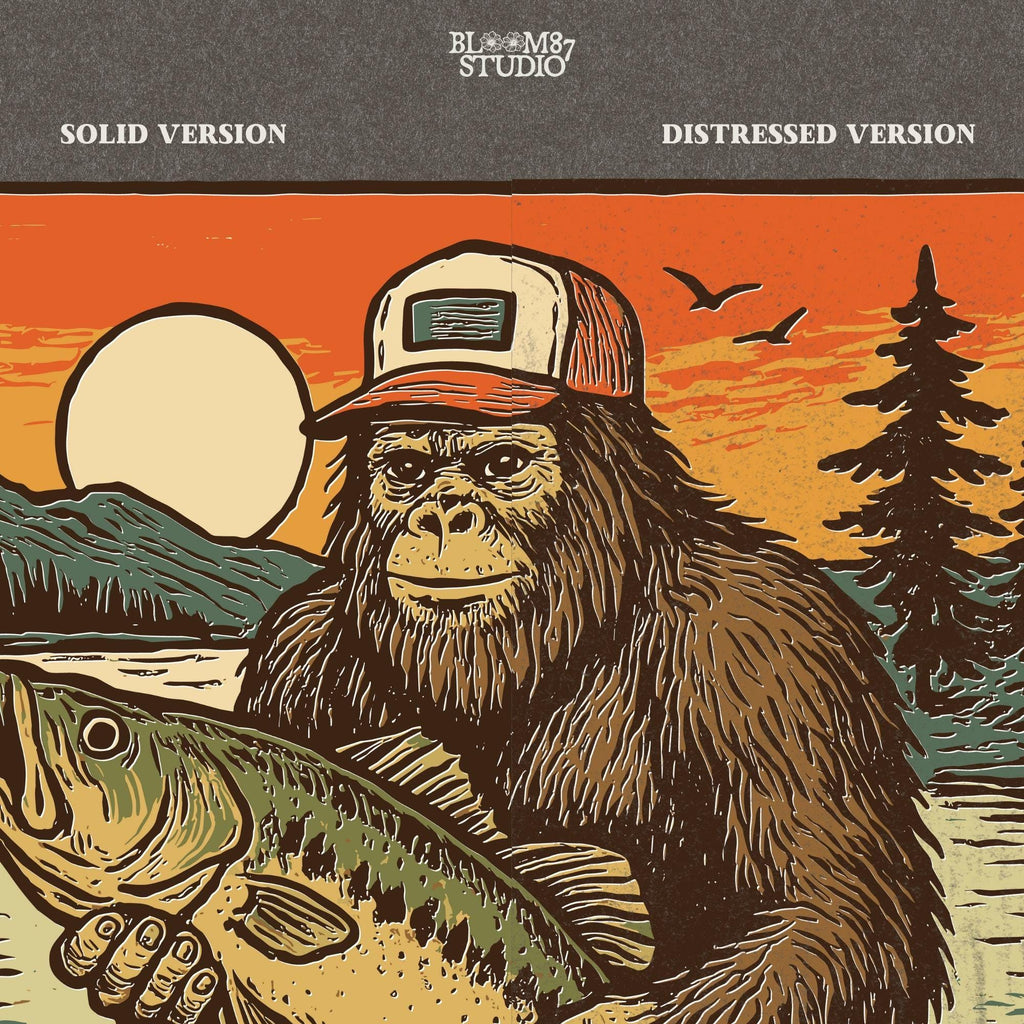 Bigfoot holding a large bass at sunset with summer lake background and the word “Bassquatch” in bold orange letters.