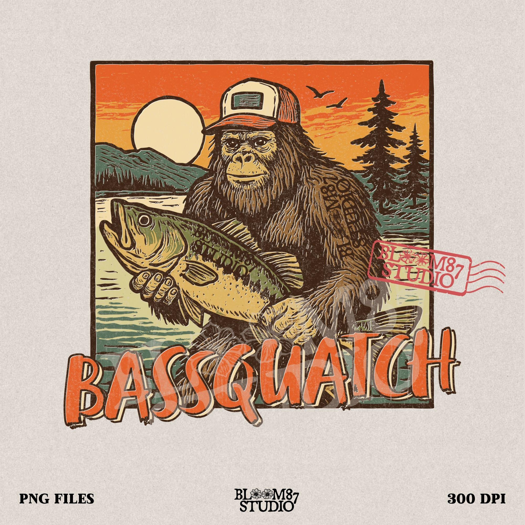 Bigfoot holding a large bass at sunset with summer lake background and the word “Bassquatch” in bold orange letters.