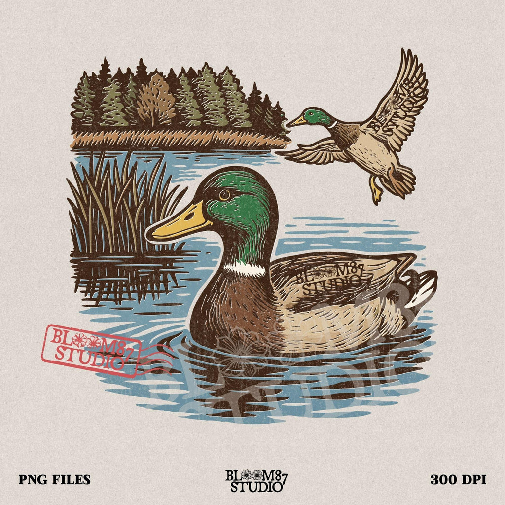 Two mallard ducks in a peaceful summer lake scene with pine trees and blue water, one swimming and one flying.